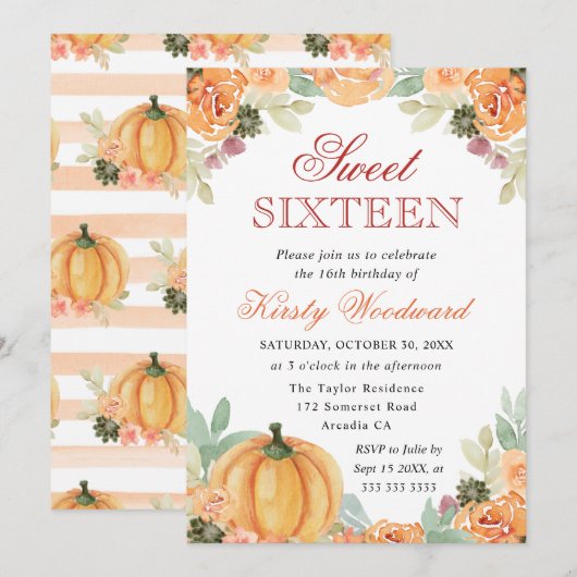 Waterverf Herfst Floral Pumpkins Sweet Sixteen Kaart (Voorkant / Achterkant)