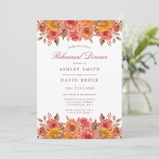 Waterverf Herfst Floral Rustic Rehearsal Dinner Kaart (Staand voorkant)