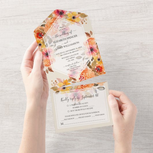 Waterverf Herfst Floral Wedding All In One Uitnodiging (Afscheurbaar)