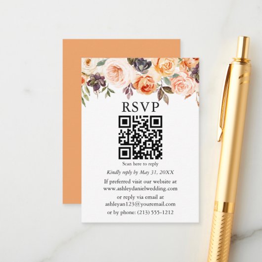 Waterverf herfst Floral Wedding Peach QR RSVP Informatiekaartje (Voorkant / Achterkant in situ)