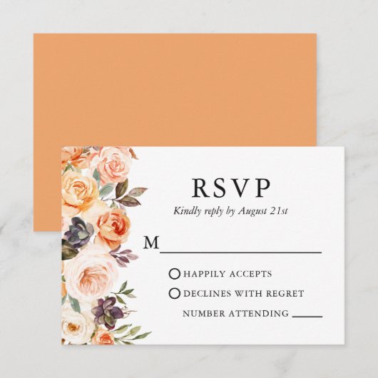Waterverf herfst Floral Wedding Peach RSVP Kaartje (Voorkant / Achterkant)