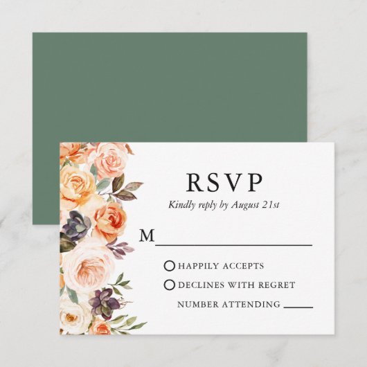 Waterverf herfst Floral Wedding Sage Green RSVP Kaartje (Voorkant / Achterkant)