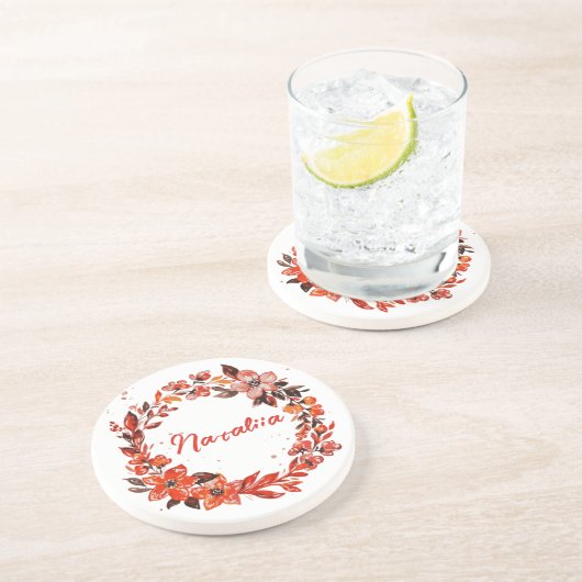 Waterverf herfst Florals Aangepaste naam Zandsteen Onderzetter (Zijkant)