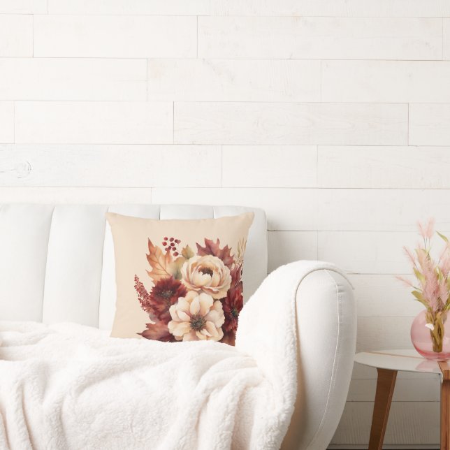 Waterverf Herfst Flowers-Cream en Red- Kussen (Bank)