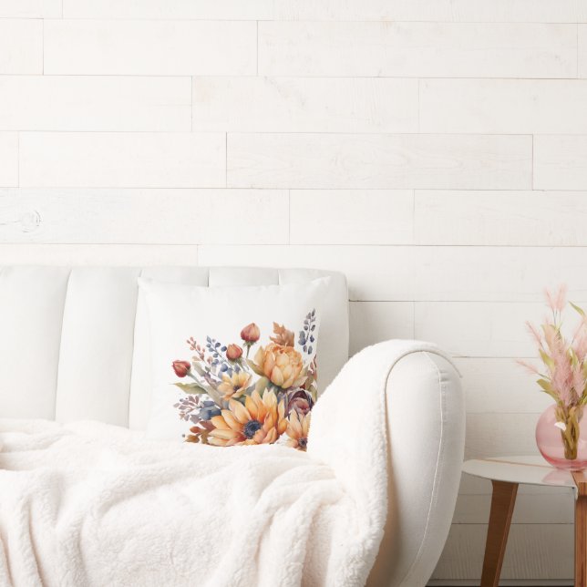 Waterverf Herfst FlowersWit-Sierkussen Kussen (Bank)