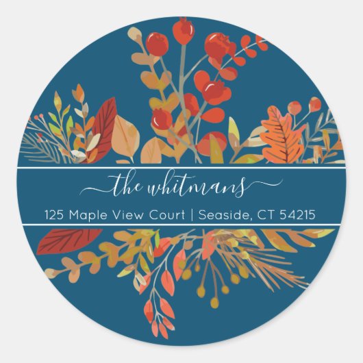 Waterverf Herfst Foliage retouradres | Blauw Ronde Sticker (Voorkant)