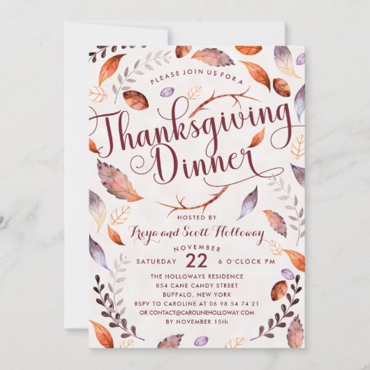 Waterverf Herfst gebladerte Thanksgiving Diner Kaart (Voorkant)