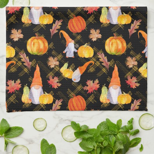 Waterverf Herfst gnomen, pompoenen en bladeren Theedoek (Gevouwen)