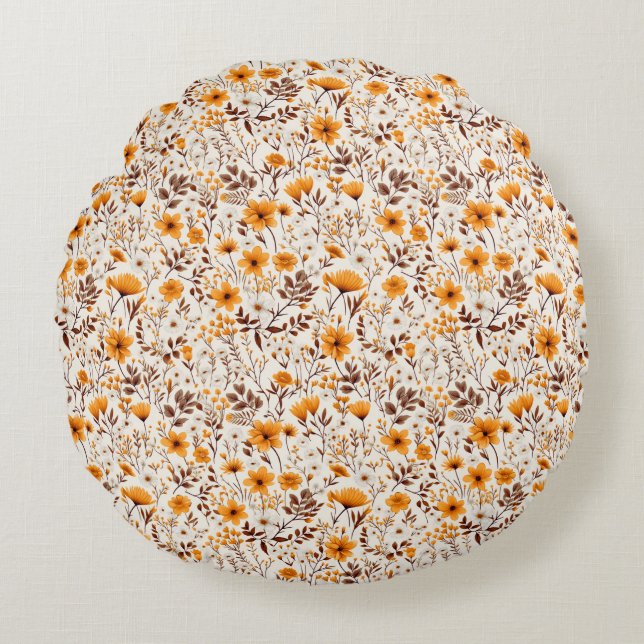 Waterverf Herfst Herfst Bloemen en Bladeren Rond Kussen (Voorkant)