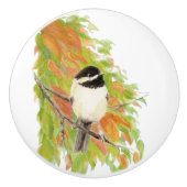 Waterverf Herfst Herfst Oranje Groene Chickadee Bi Keramische Knop (Voorkant)