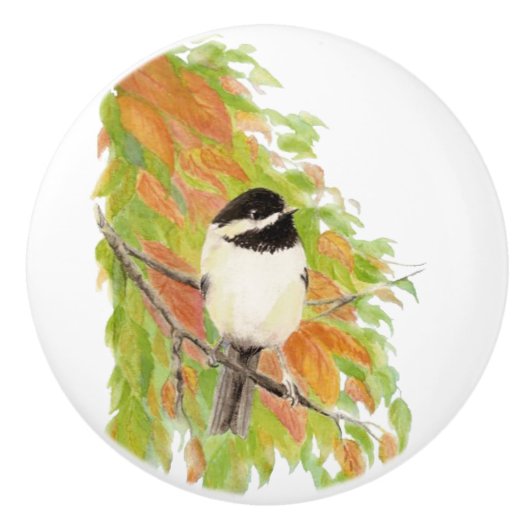 Waterverf Herfst Herfst Oranje Groene Chickadee Bi Keramische Knop (Voorkant)