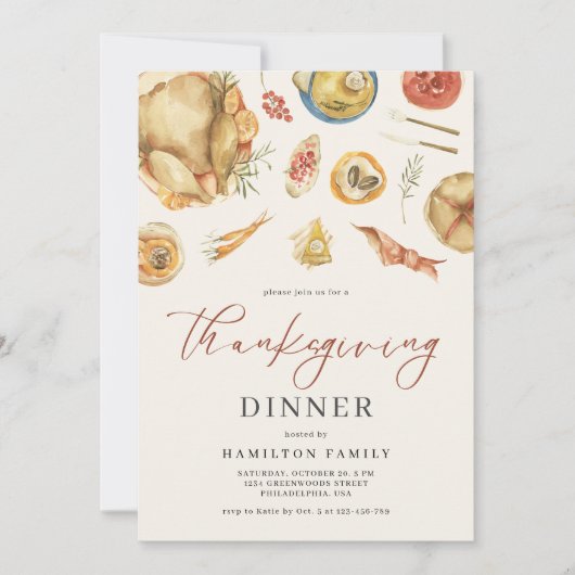Waterverf Herfst Herfst Turkije Thanksgiving Diner Kaart (Voorkant)