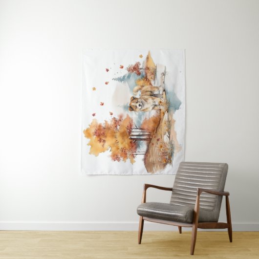 Waterverf Herfst Hondenontwerp - Akita Wandkleed (In situ)