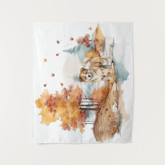 Waterverf Herfst Hondenontwerp - Akita Wandkleed (Voorkant)