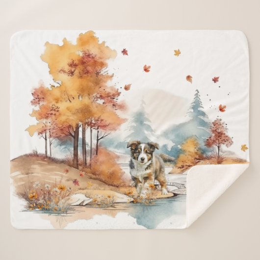 Waterverf Herfst Hondenontwerp - Australian Shephe Sherpa Deken (Voorkant (horizontaal))