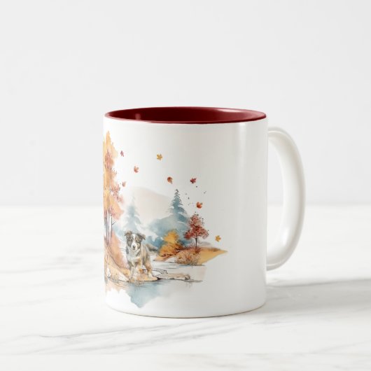 Waterverf Herfst Hondenontwerp - Australian Shephe Tweekleurige Koffiemok (Voorkant rechts)