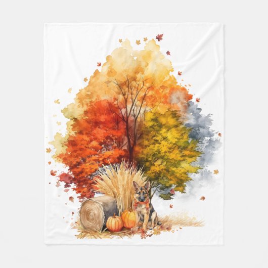 Waterverf Herfst Hondenontwerp- German Shepherd Fleece Deken (Voorkant)