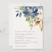 Waterverf Herfst Modern Floral Blue Ivory Bruiloft Kaart (Voorkant)