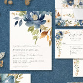 Waterverf Herfst Modern Floral Blue Ivory Bruiloft Kaart