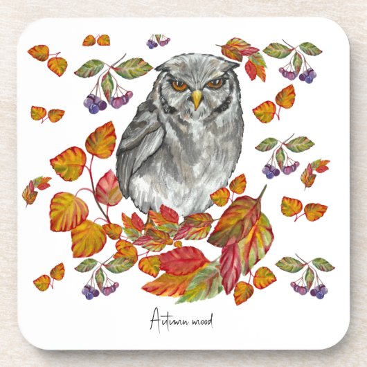 Waterverf herfst mooie uil en bladeren bier onderzetter (Voorkant)
