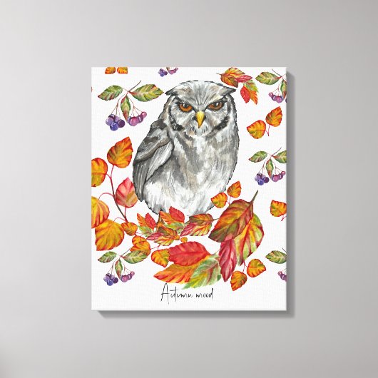Waterverf herfst mooie uil en bladeren canvas afdruk (Voorkant)