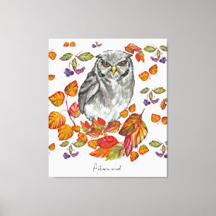 Waterverf herfst mooie uil en bladeren canvas afdruk