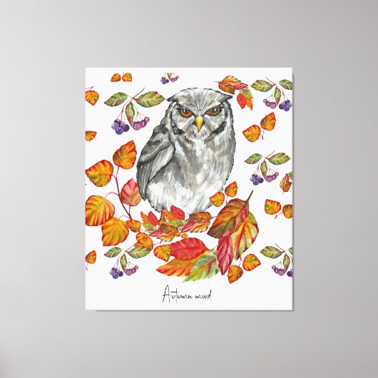 Waterverf herfst mooie uil en bladeren canvas afdruk (Voorkant)