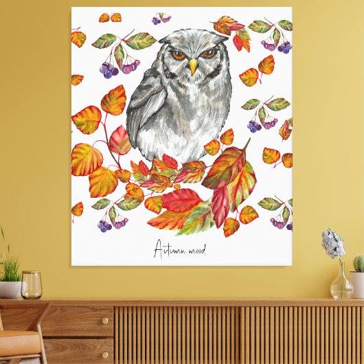 Waterverf herfst mooie uil en bladeren canvas afdruk (Insitu (Woonkamer))