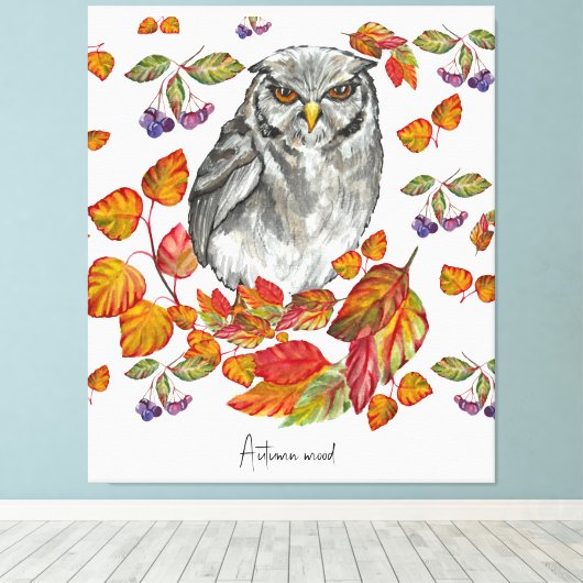 Waterverf herfst mooie uil en bladeren canvas afdruk (Insitu (Houten vloer))