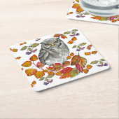 Waterverf herfst mooie uil en bladeren kartonnen onderzetters (Schuin)