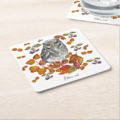 Waterverf herfst mooie uil en bladeren kartonnen onderzetters (Schuin)