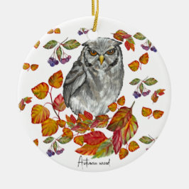 Waterverf herfst mooie uil en bladeren keramisch ornament