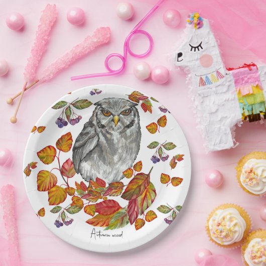Waterverf herfst mooie uil en bladeren papieren bordje (Feest)