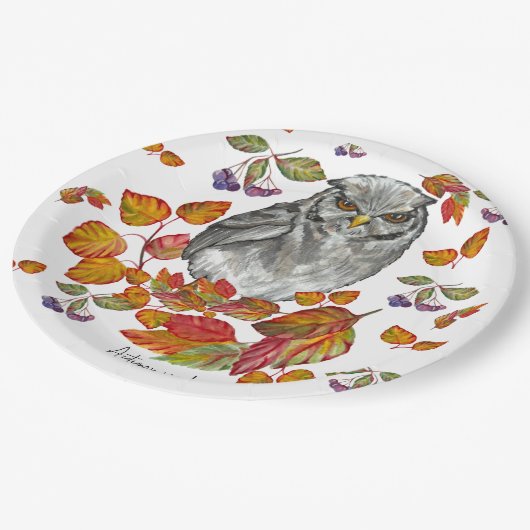 Waterverf herfst mooie uil en bladeren papieren bordje (Gekanteld)