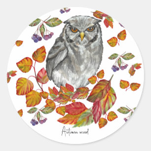 Waterverf herfst mooie uil en bladeren ronde sticker