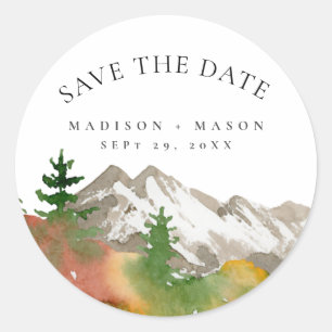 Waterverf Herfst Mountain Save the Date Ronde Sticker