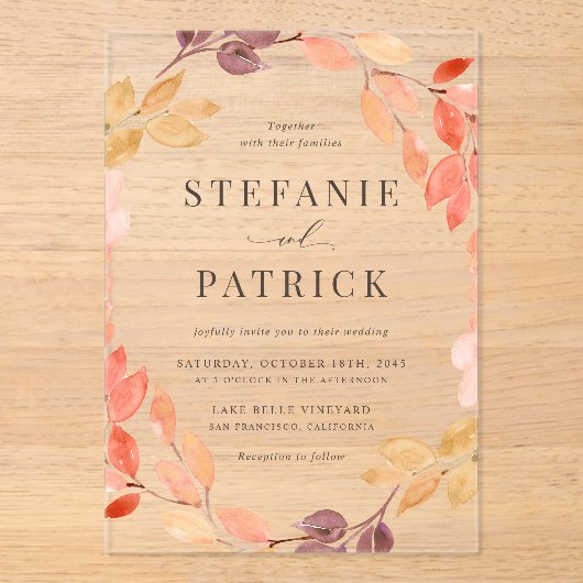Waterverf herfst oliage Wreath Fall Wedding Acryl Uitnodigingen (Voorkant)