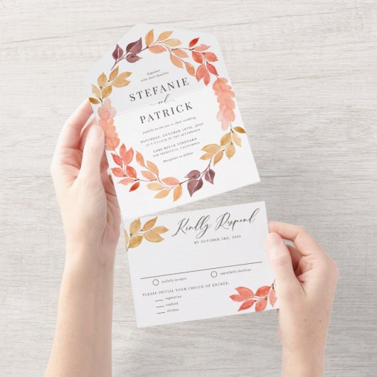 Waterverf herfst oliage Wreath Fall Wedding All In One Uitnodiging (Afscheurbaar)