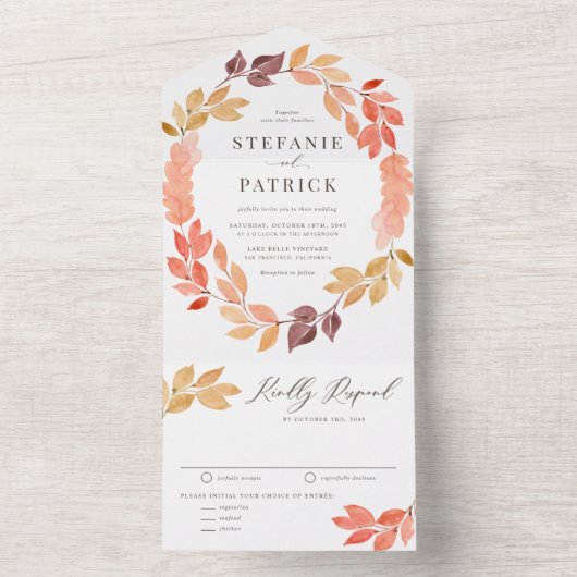 Waterverf herfst oliage Wreath Fall Wedding All In One Uitnodiging (Binnen)