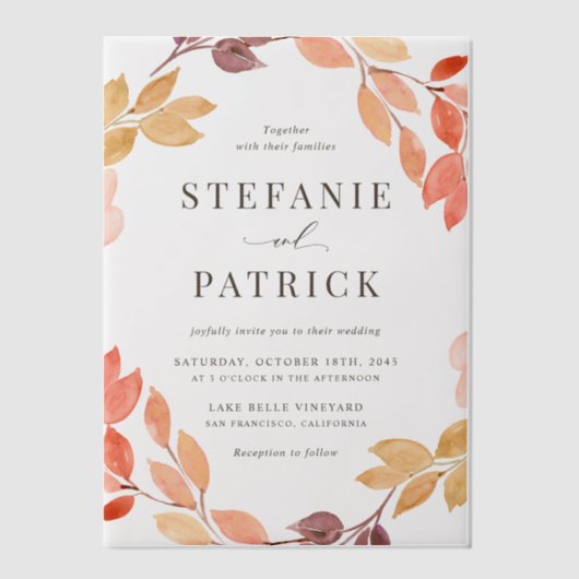 Waterverf herfst oliage Wreath Fall Wedding Vellum Uitnodigingen (Voorkant)