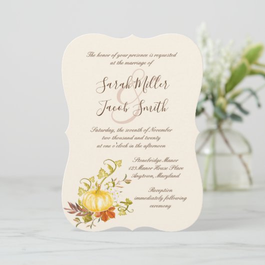 Waterverf herfst pomkin en lederen bruiloft kaart (Staand voorkant)