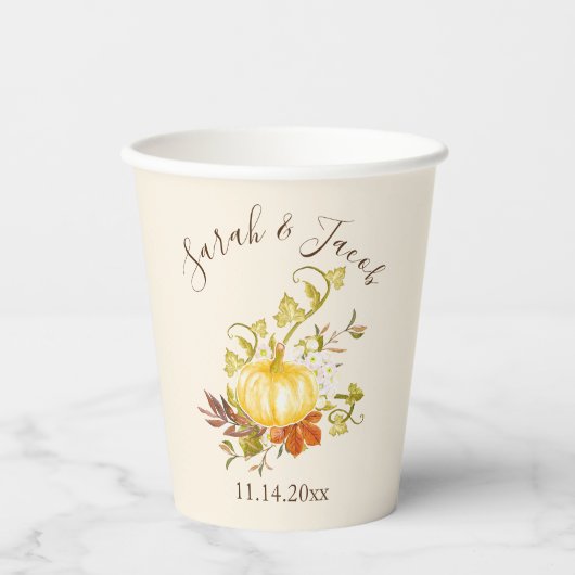 Waterverf herfst pomkin & lederbruiloft papieren bekers (Voorkant)