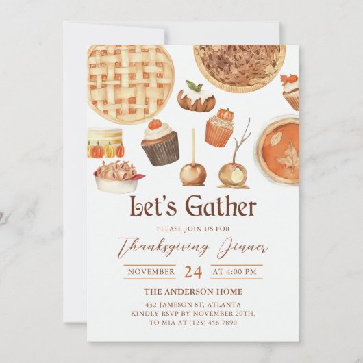 Waterverf Herfst Pompoen Pie Thanksgiving Diner Kaart (Voorkant)