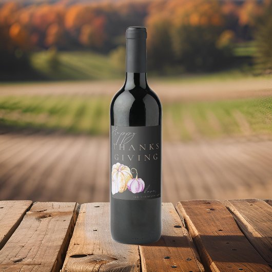Waterverf Herfst Pompoen Thanksgiving Zwart Wijn Etiket