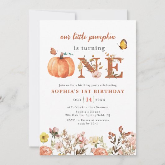 Waterverf Herfst Pompoen Wildflower 1e Verjaardag Kaart (Voorkant)