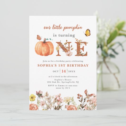 Waterverf Herfst Pompoen Wildflower 1e Verjaardag Kaart (Staand voorkant)