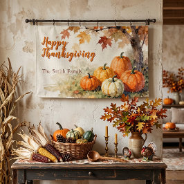 Waterverf Herfst Pompoenen Bladeren Thanksgiving Spandoek