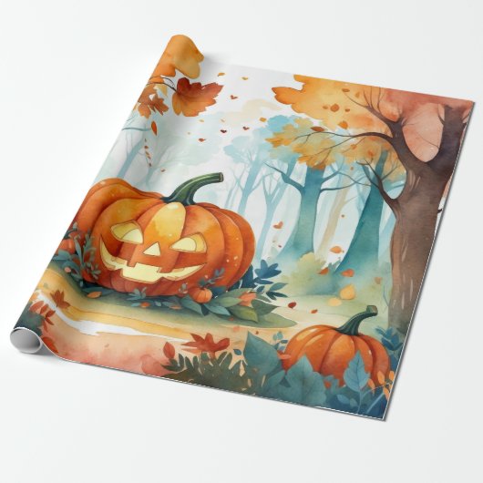 Waterverf Herfst Pompoenen Bos Fall Bladeren Cadeaupapier (Uitgerold)