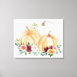 Waterverf Herfst Pompoenen en Boho Flowers Canvas Afdruk