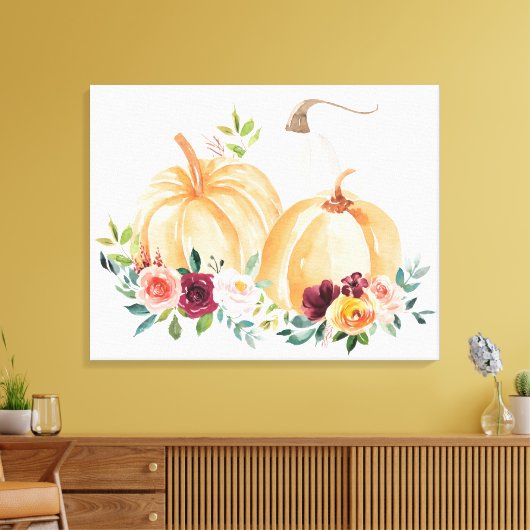 Waterverf Herfst Pompoenen en Boho Flowers Canvas Afdruk (Insitu (Woonkamer))